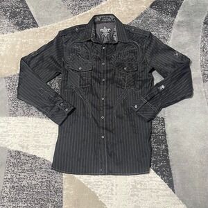 Roar Signature Embroidered  Shirt Men Medium Black Pinstripe Button Down Cowboy
